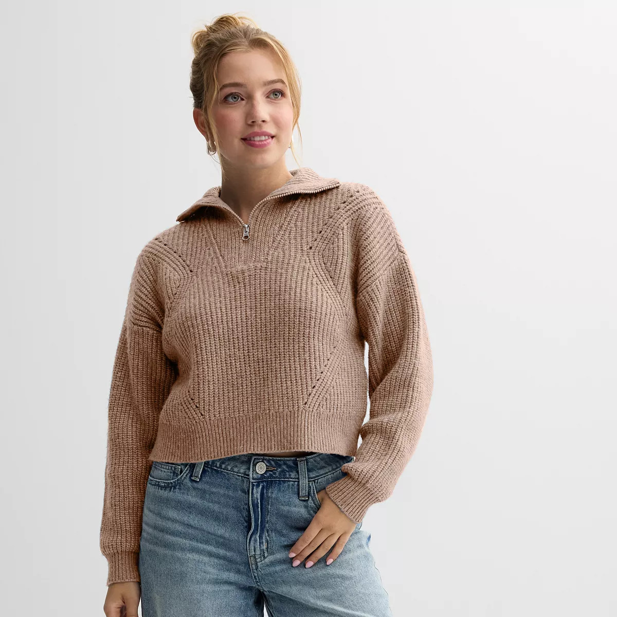 Juniors' Sugar Moon Long Sleeve Quarter Zip Solid Sweater | Kohl's