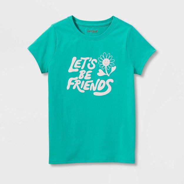 Girls' 'Let's Be Friends' Short Sleeve Graphic T-Shirt - Cat & Jack™ Dark Mint | Target