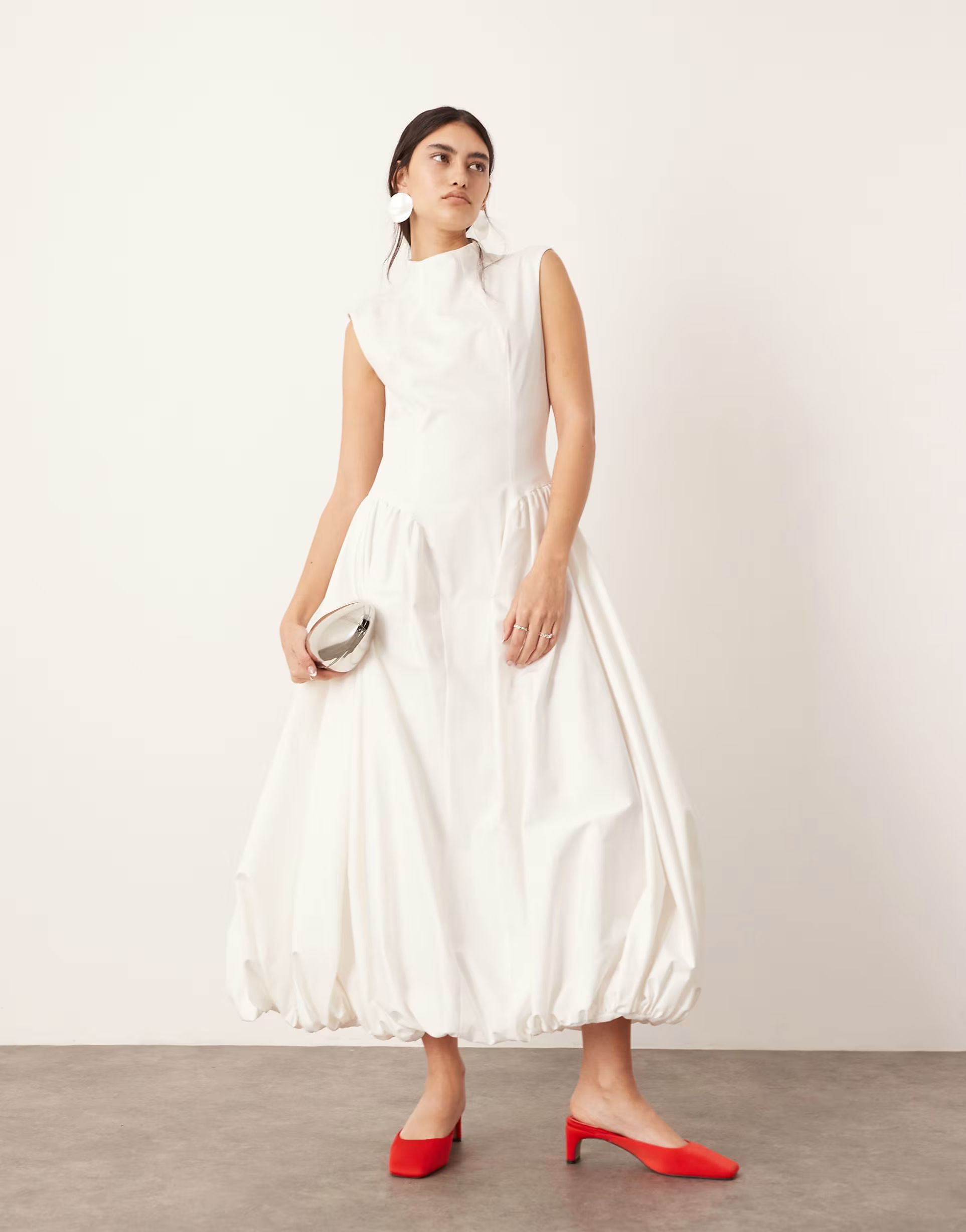 ASOS EDITION high neck drop waist puffball midi dress in white | ASOS (Global)