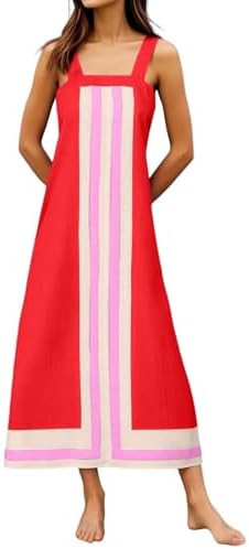 Vacation Maxi Sundress for Women 2025 Summer Trendy Sleeveless Square Neck Color Block Casual Dre... | Amazon (US)