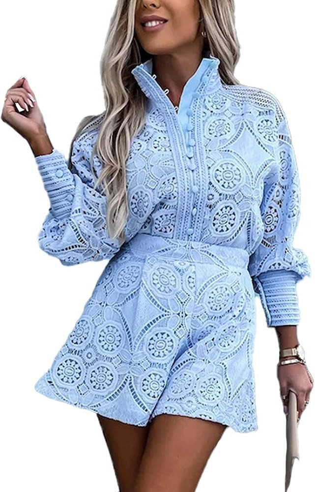SOMTHRON Women's Summer Eyelet Lace Two Piece Outfits Long Sleeve Blouse Tops Shorts Floral Embro... | Amazon (US)