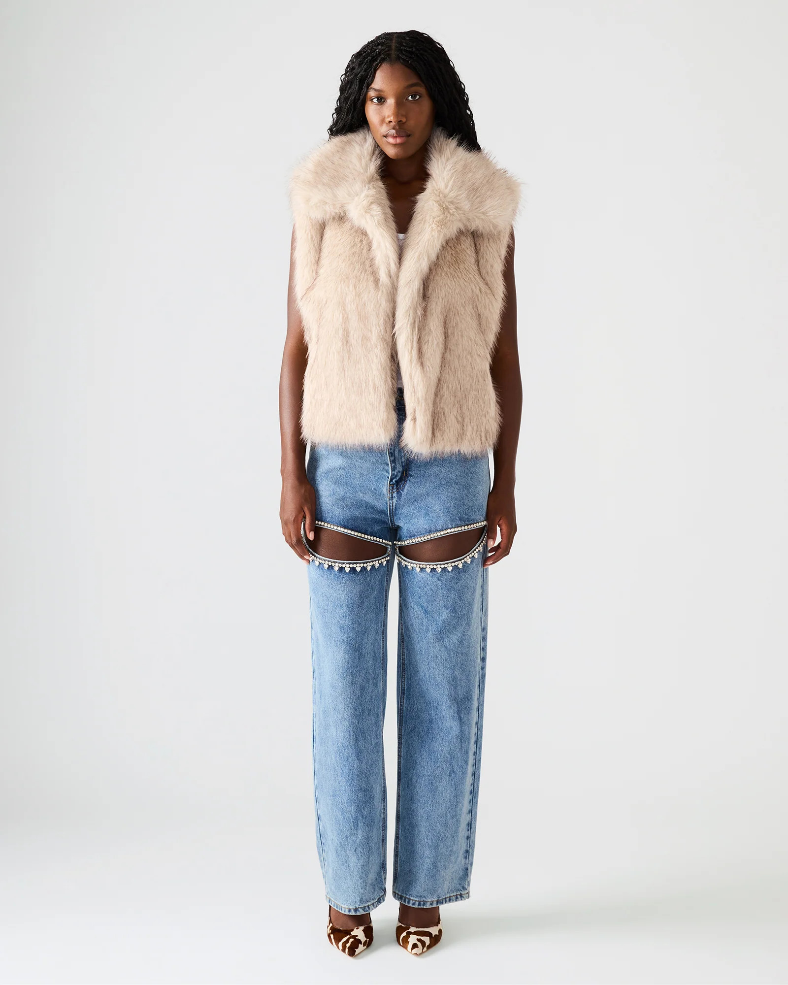 SAFIRA Natural Faux Fur Sleeveless Collared Women's Vest | Steve Madden (US)
