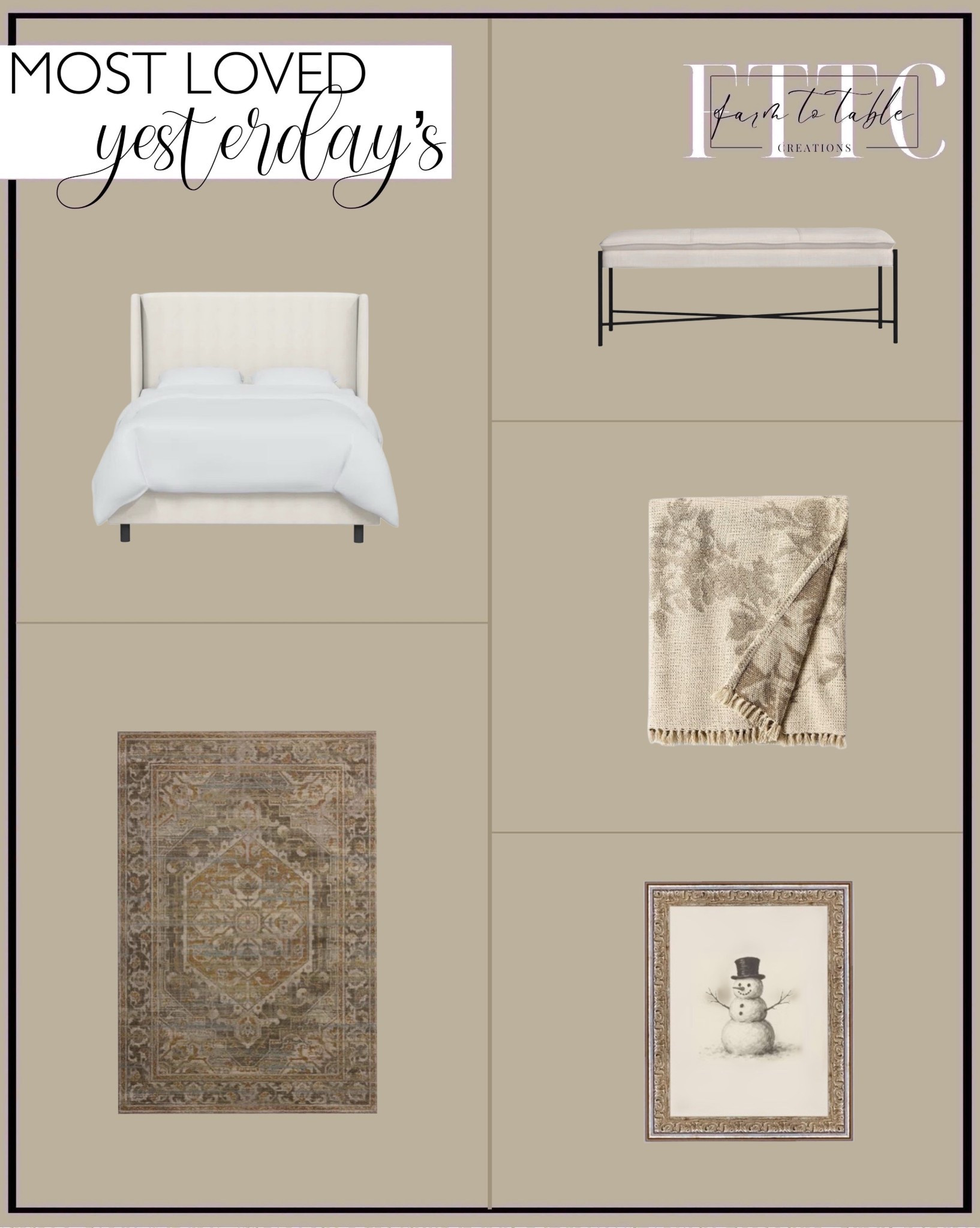 Yesterday’s Most Loved Home Finds

Follow @farmtotablecreations on Instagram for daily home inspiration and curated finds 🤍

Sharing the top home items you loved most yesterday. These are versatile favorites that work beautifully throughout the home — from a cozy upholstered bed and a timeless Loloi rug, to a tailored linen bench, a soft floral throw, and classic artwork from Target. Easy, neutral pieces that layer effortlessly into any space and style.

#upholsteredbed #loloirug #linenbench #throwblanket #wallart #homedecor #neutralhome #homefinds

#LTKFindsUnder50 #LTKSaleAlert #LTKHome