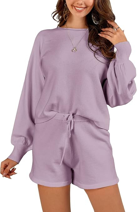 FISACE Womens 2 Piece Knit Outfits Batwing Sleeve Lounge Sets Casual Crop Top Shorts Sweatsuit | Amazon (US)