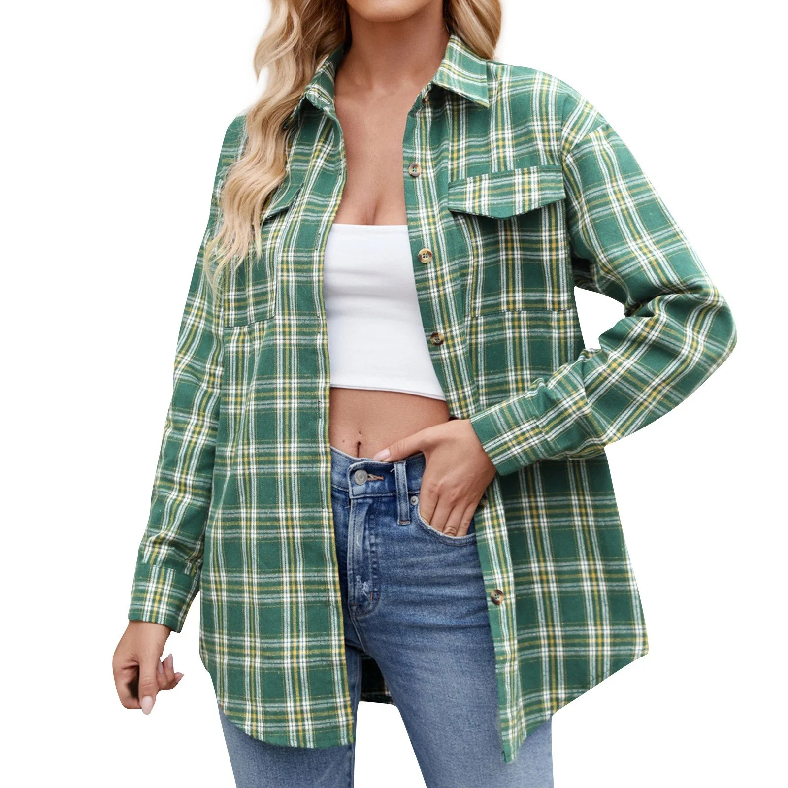 LISTHA Womens Plaid Shirts Button Down Flannel Shirts Boyfriend Long Sleeve Shirts Green M | Walmart (US)