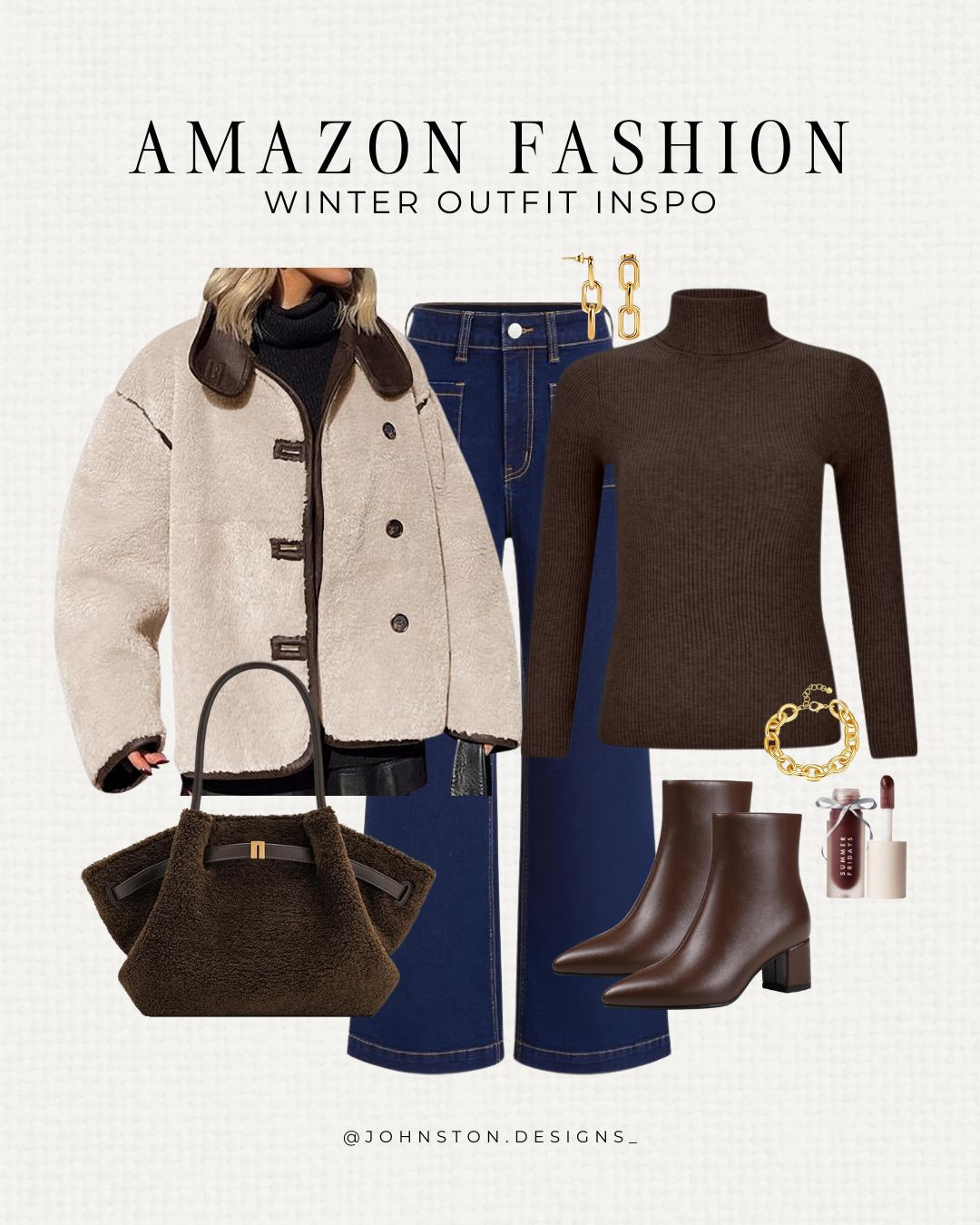 Stylish and cozy Amazon winter outfit inspo. Keep warm with this turtleneck, wide leg jeans and faux fur jacket. Styled look, winter fashion, trending chocolate brown, Amazon fashion finds. 

 #LTKootd #LTKSeasonal #LTKFindsUnder50