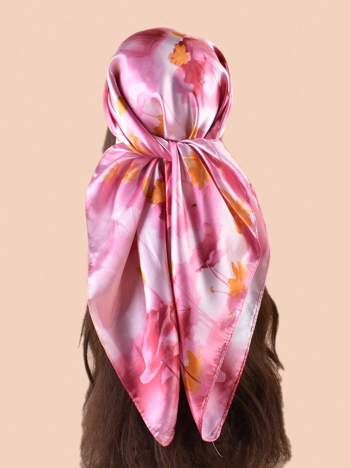 Chic & Elegant Lotus Pattern Printed Ladies Satin Scarf, Leisure Sunscreen Headband Scarf Bandana... | SHEIN