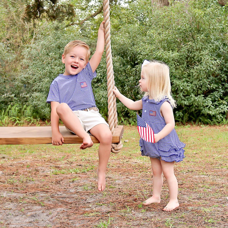 Flag Embroidered Blue Stripe Short Sleeve Pocket Shirt | Classic Whimsy