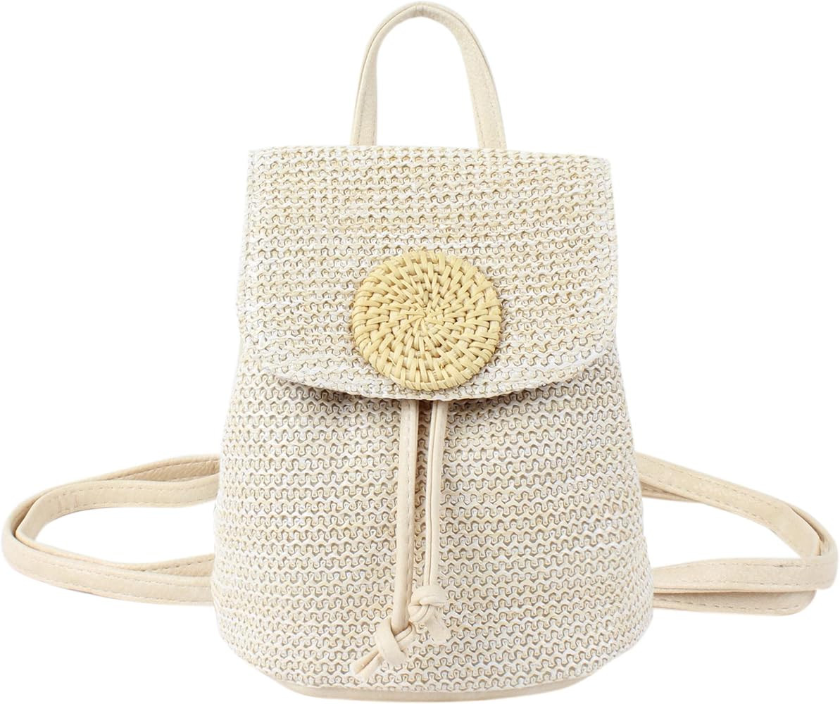 Women Mini Straw Woven Backpack Flap Drawstring Daypack Cross-body Bag Bucket Bag, Mini Beige | Amazon (US)