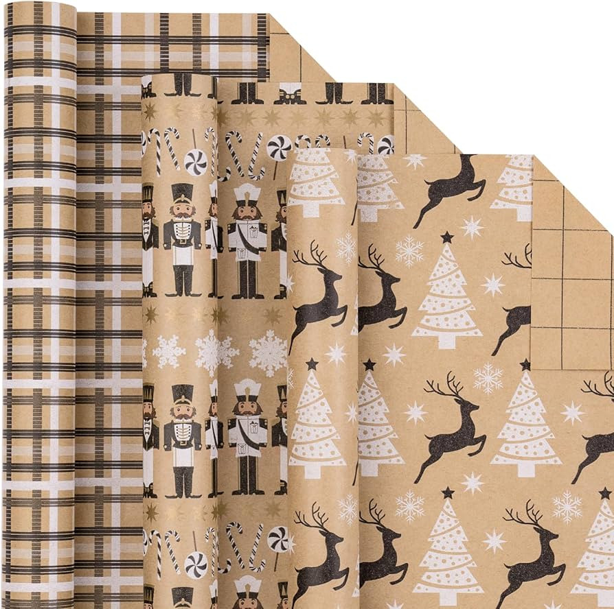 LeZakaa Christmas Kraft Wrapping Paper - Mini Roll - Nutcracker/Reindeer/Grid in Black and White ... | Amazon (US)