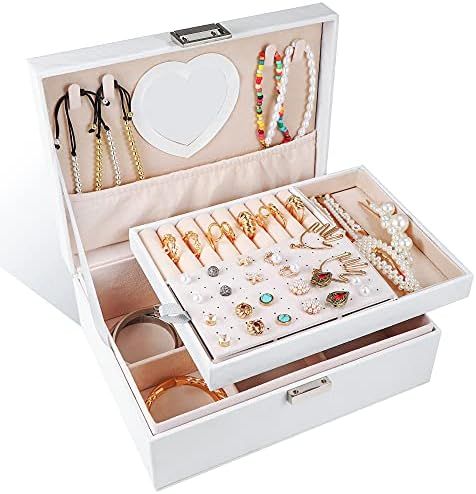VALUNELL Jewelry Box for Girls Two-Layer PU Leather Jewelry Organizer Box With Lock and Heart Mirror | Amazon (US)