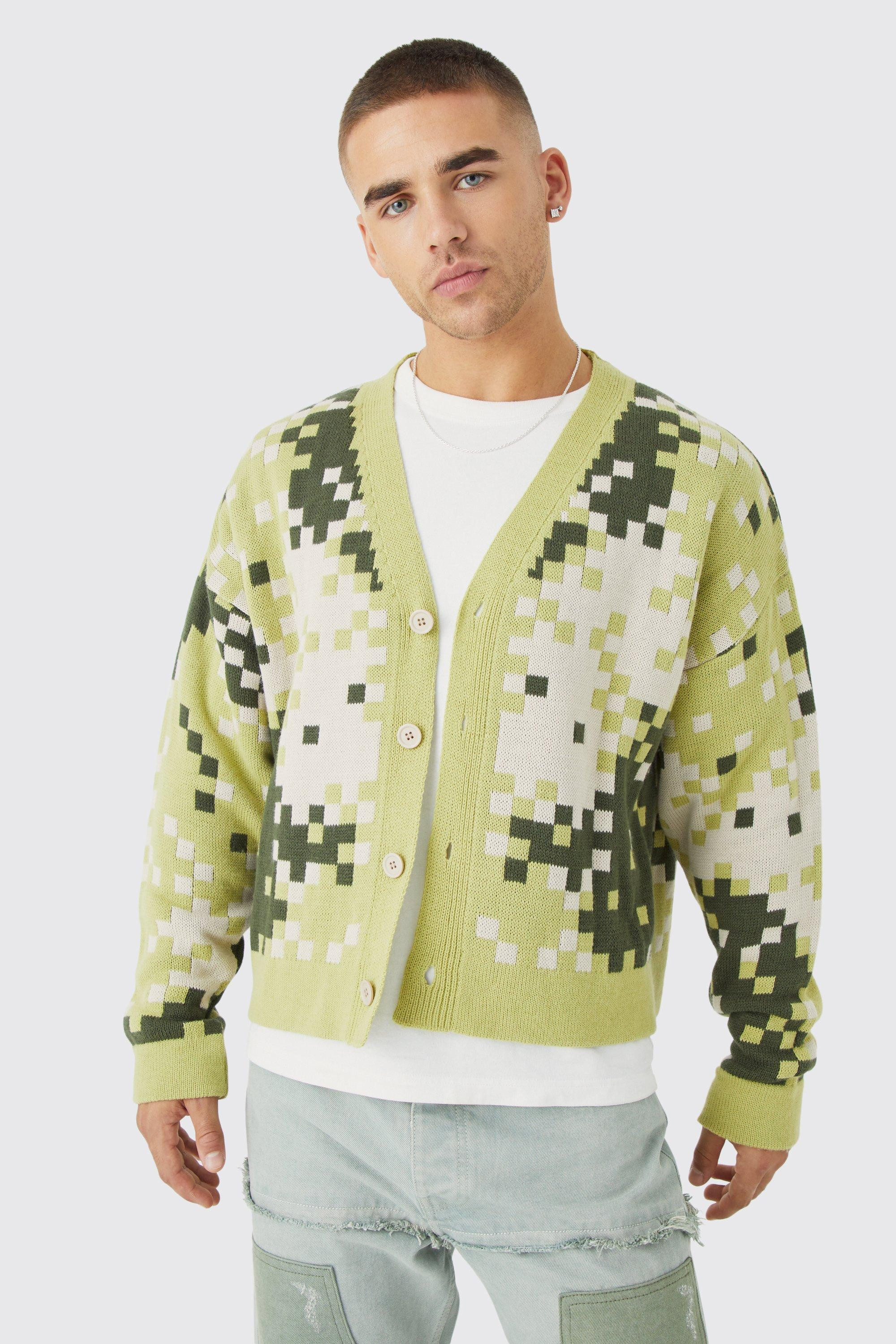 Boxy Pixalated Cardigan | boohooMAN (US & Canada)