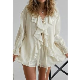 Tie-Bow Front Ruffle Semi-Sheer Shirt and Shorts Set | Chicwish