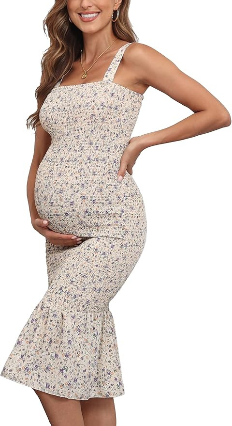 Summer Tank Maternity Dress Sleeveless Strappy Floral Midi Bodycon Square Neck Ruffle Mermaid Smo... | Amazon (US)