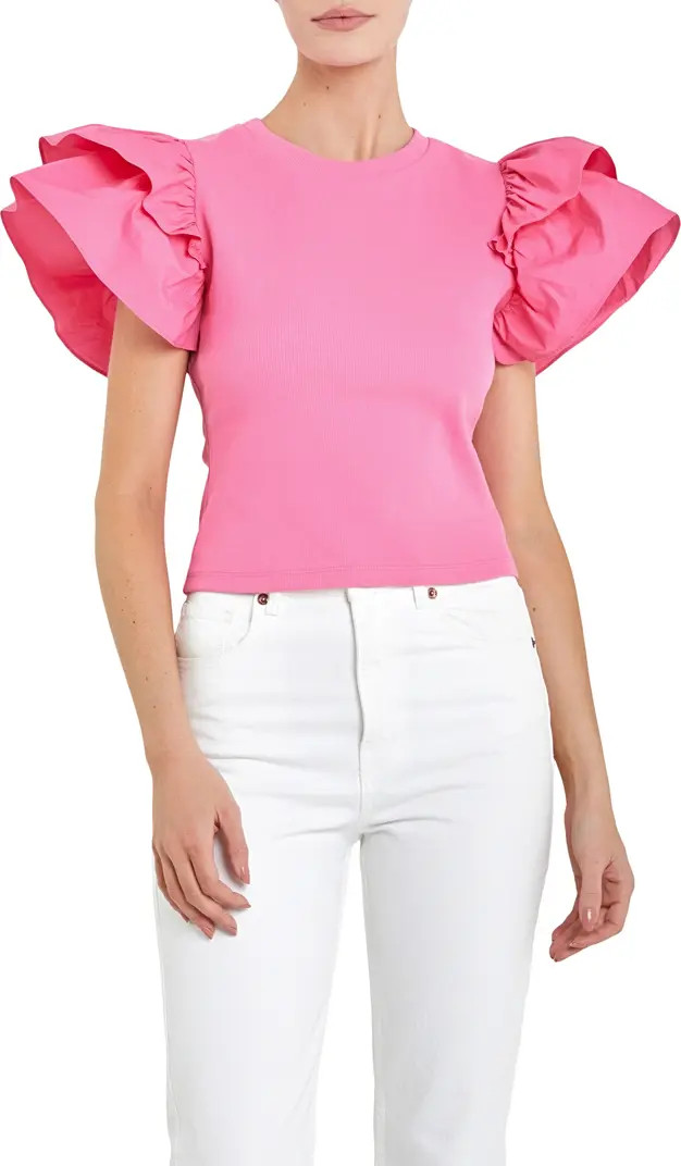 English Factory Mix Media Ruffle Sleeve Cotton Rib Top | Nordstrom | Nordstrom