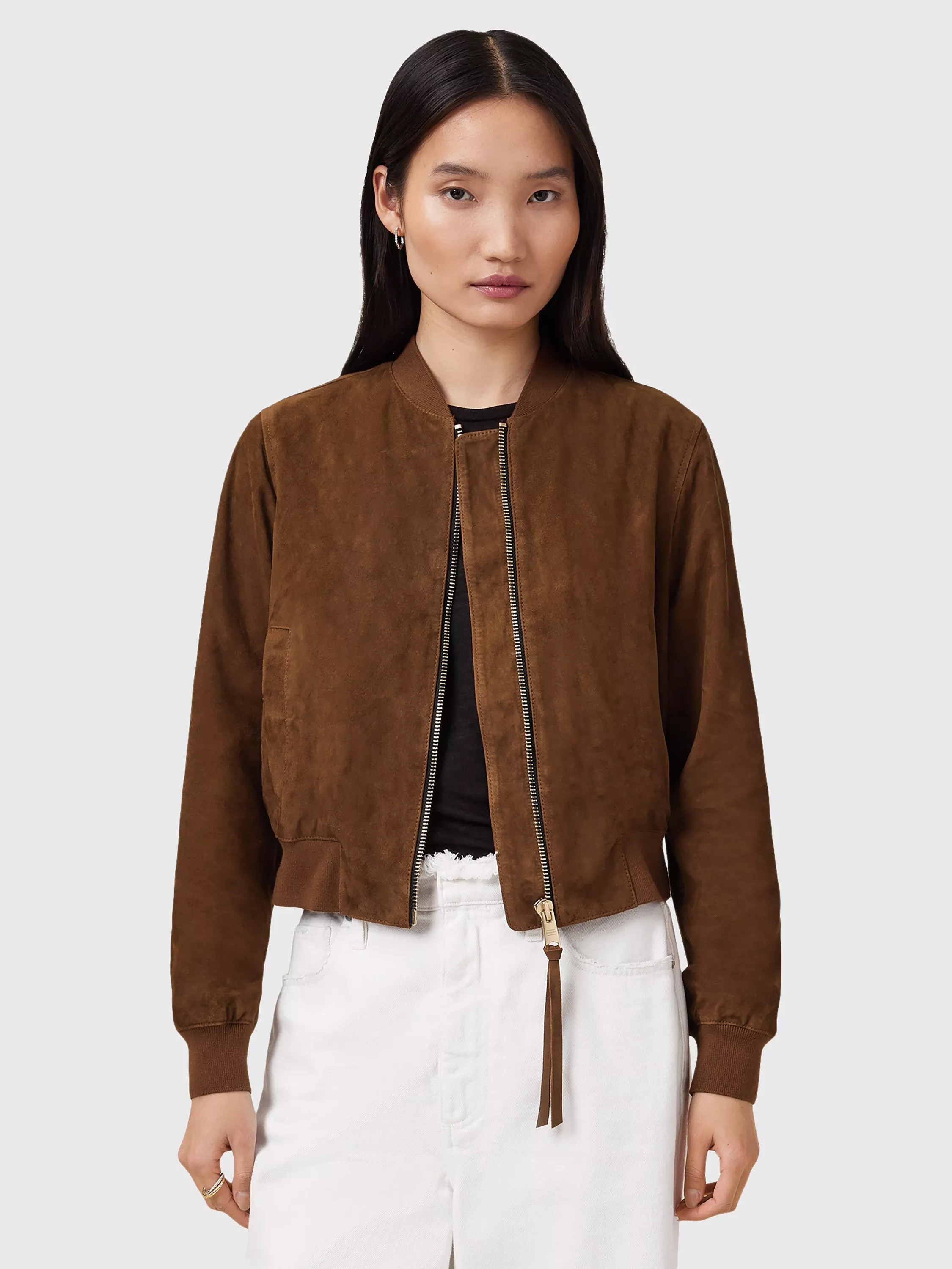 AllSaints Orten Suede Bomber Jacket, Cognac | John Lewis (UK)