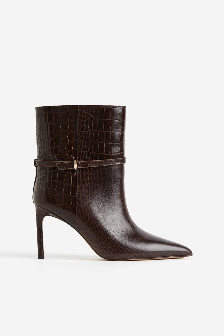 Ankle-high Leather Boots - Dark brown/crocodile-patterned - Ladies | H&M US | H&M (US + CA)