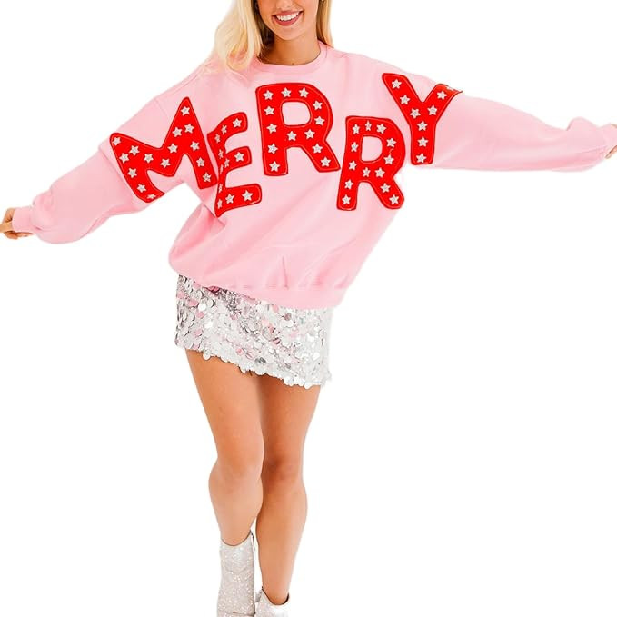 Women Sequin Christmas Sweatshirt Cute Graphic Sparkly Long Sleeve Crew Neck Pullover Y2k Oversiz... | Amazon (US)