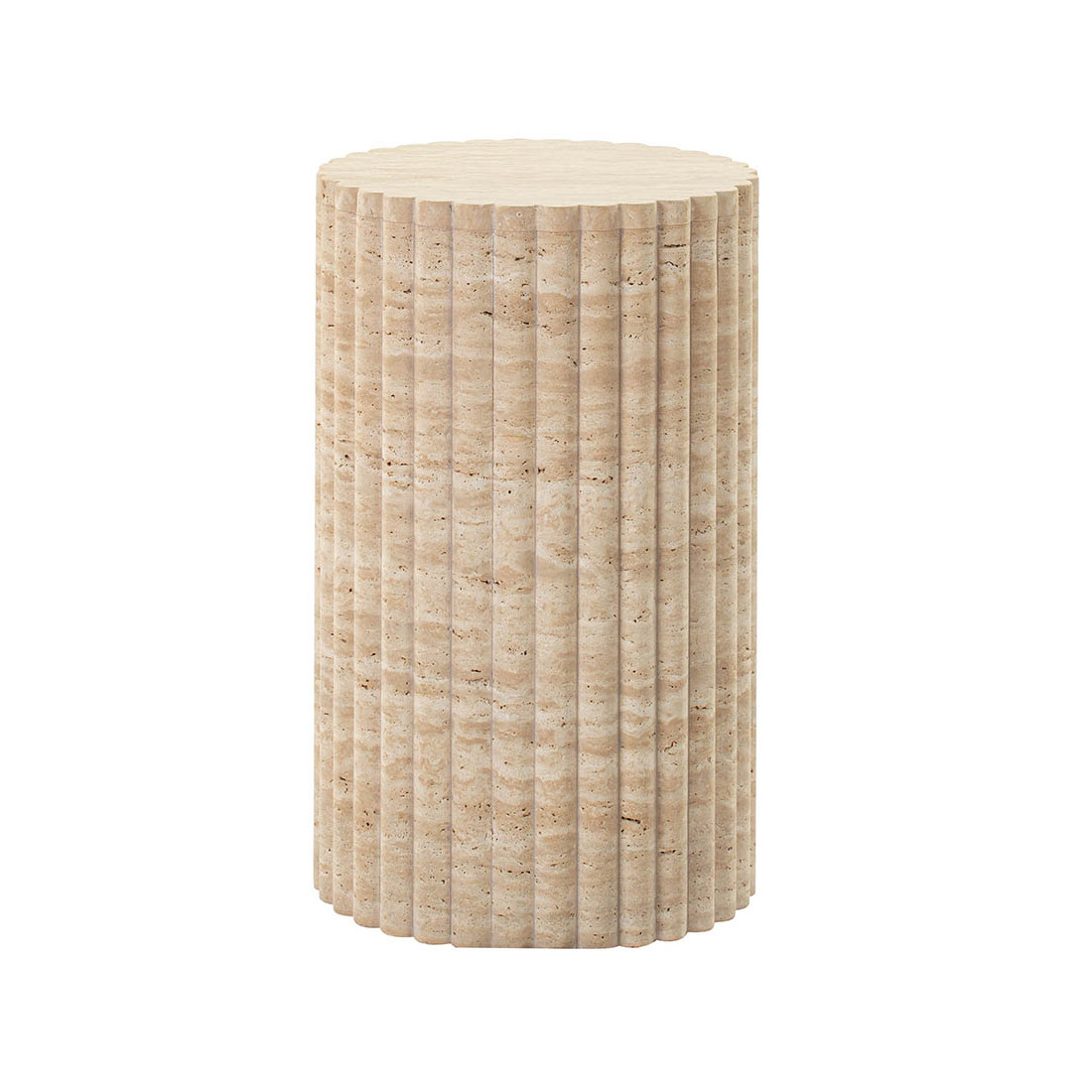 Cava Fluted Round Beige Travertine Drum Side Table | Eternity Modern
