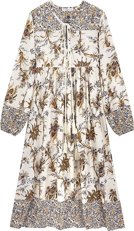 R.Vivimos Women's Long Sleeve Floral Print Retro V Neck Tassel Bohemian Midi Dresses | Amazon (US)