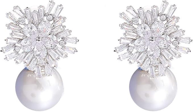 925 Sterling Silver Cubic Zirconia Stud Earrings for Women, Snowflake Pearl Rhinestone Earrings L... | Amazon (US)