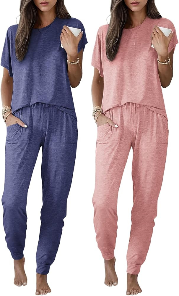 Ekouaer 2 pack Pajama Sets for Womens Jogger Pants Pjs Short Sleeves Lounge Set Soft Sleepwear wi... | Amazon (US)