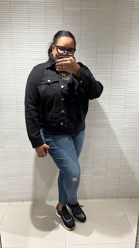 Casual OOTD Midsize Winter Style. Universal Standard Denim Jacket and v-neck sweater, skinny jeans, black suede sneakers and cashmere scarf. In truth, I was a little chilly but only out for a short while. #ltkover40 #ltkshoecrush 

#LTKstyletip #LTKmidsize #LTKSeasonal