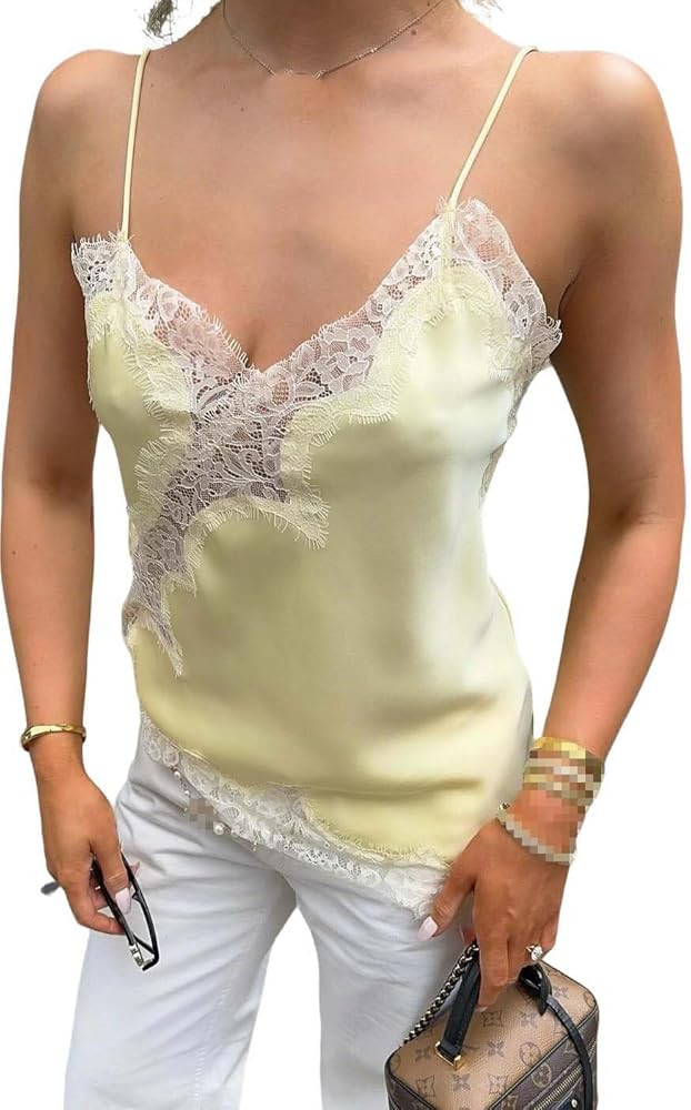 Women Long Lace Trim Spaghetti Strap Tank Silk Satin Asymmetrical Cami Top Flowy Layering Lace Sl... | Amazon (US)