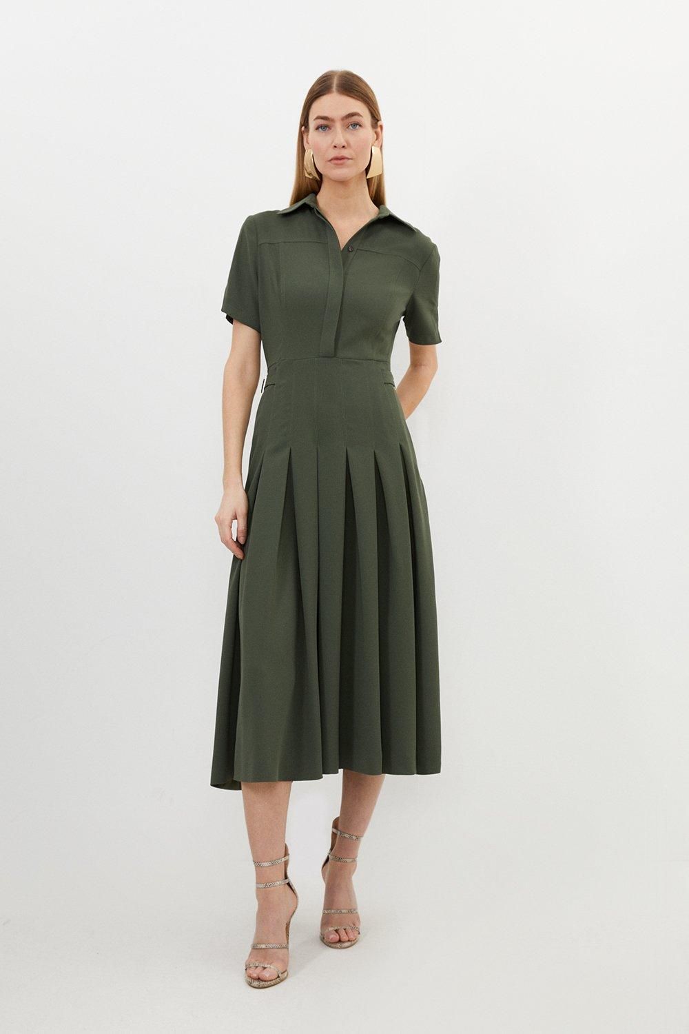 Tall Tailored Crepe Short Sleeve Pleated Midi Dress | Karen Millen US