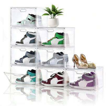 8 Pack Shoe Boxes Clear Plastic Stackable, Large Shoe Storage Organizer With Lids,Drop Side Shoe Containers For Entryway,Sneaker Storage Fit Up To US | SHEIN