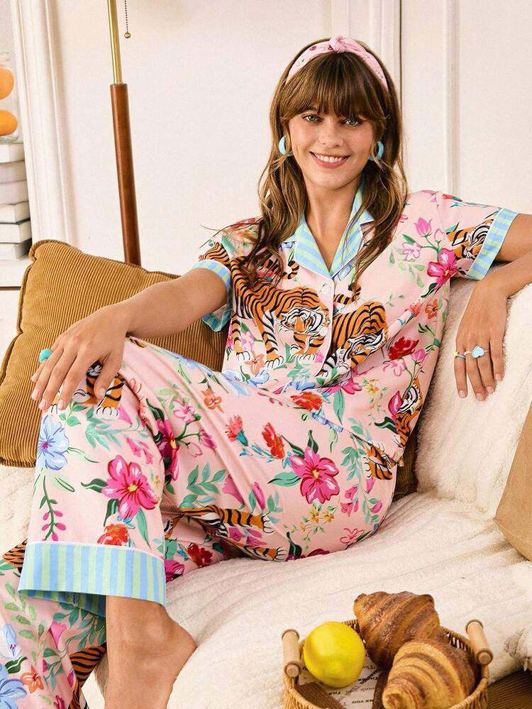 Chillnights Young Tiger & Floral Print Ruffled Women Pajama Set Summer Loungewear Women Women Pajama Set Summer Lounge Sets For Women Sleepwear Tiger Print Pajamas | SHEIN