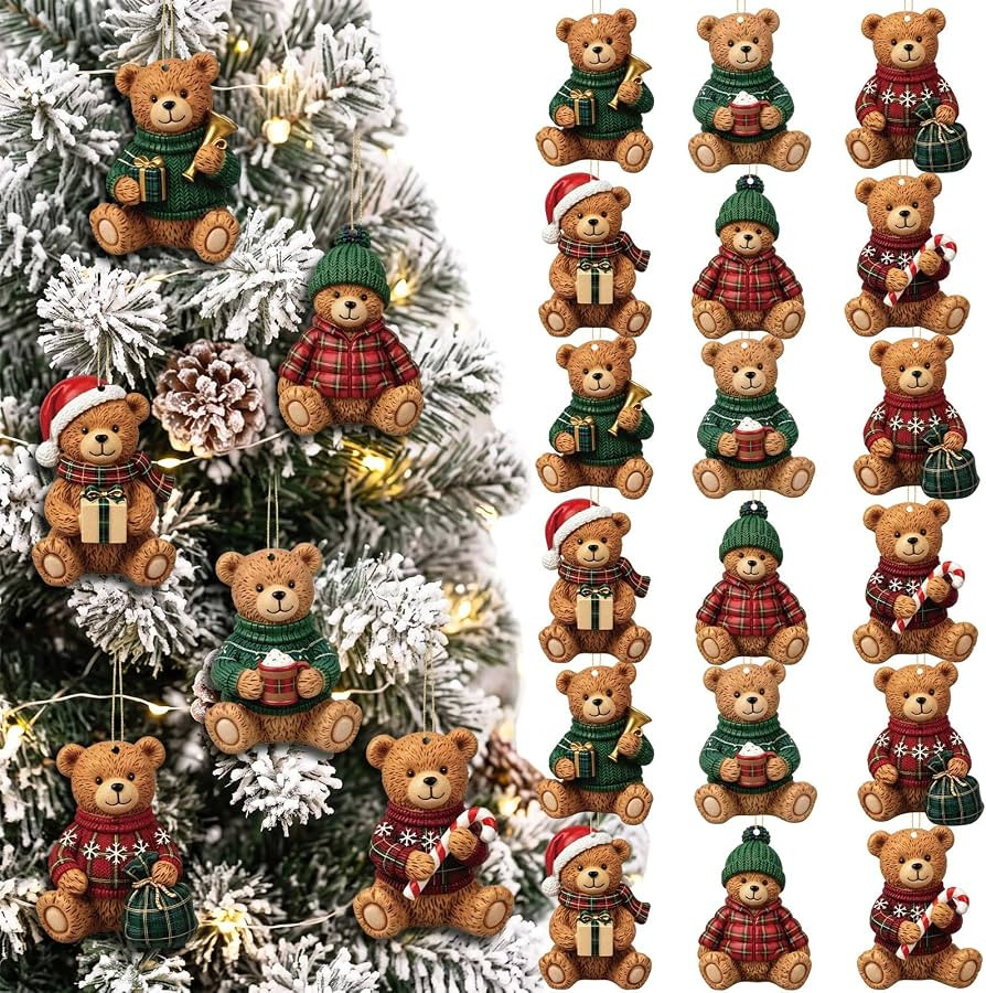 24 Pcs Tartan Bear Christmas Tree Ornaments, Plaid Bear Hanging Decorations | Amazon (US)