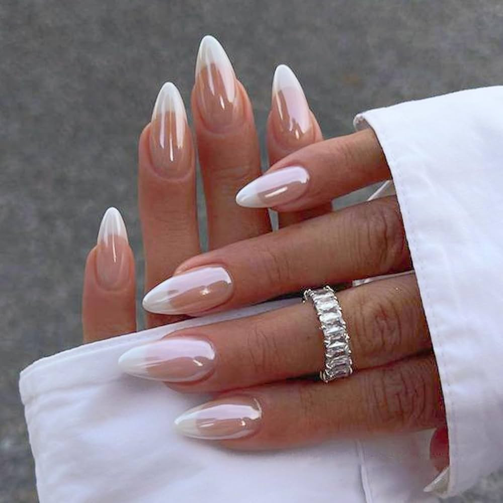 French Tip Chrome Press on Nails Almond Medium Fake Nails with Mirror Designs Glossy Glue on Acry... | Amazon (US)
