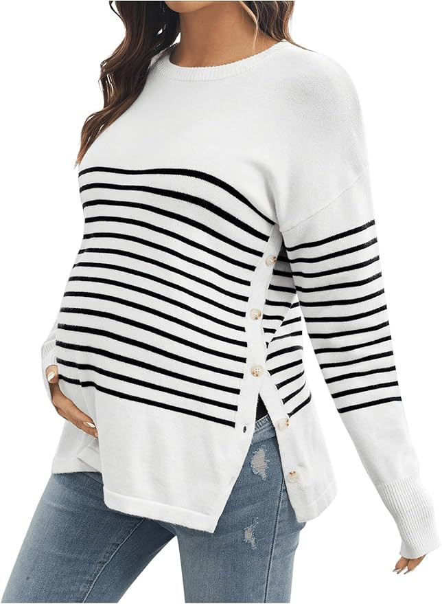 Women's Striped Button Detail Crew Neck Maternity Nursing Sweater Long Sleeve Pullover Tops | Amazon (US)