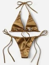 SHEIN X Rita Pereira Metallic Halter Tie Side Bikini Swimsuit | SHEIN