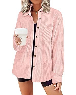 HOTOUCH Waffle Button Down Shirt Women Casual Knit Tops Long Sleeve Loose Fit Shacket with Pocket | Amazon (US)