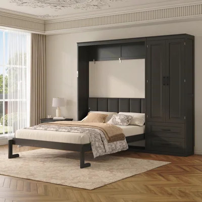 Queen Size Murphy Bed With Storage Wardrobe And Drawers,Upholstered Headboard,Black | Wayfair North America