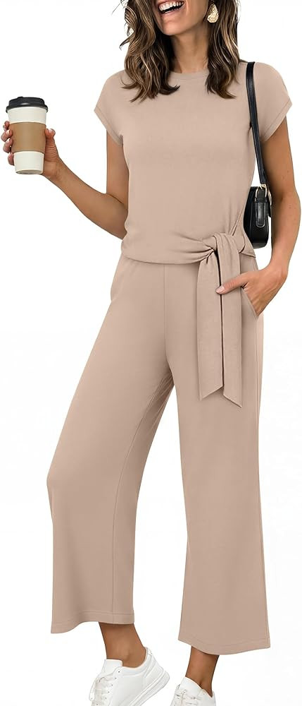 ANRABESS Women 2 Piece Outfits 2026 Summer Lounge Sets Cap Sleeve Tie Waisted Top Wide Leg Pant A... | Amazon (US)