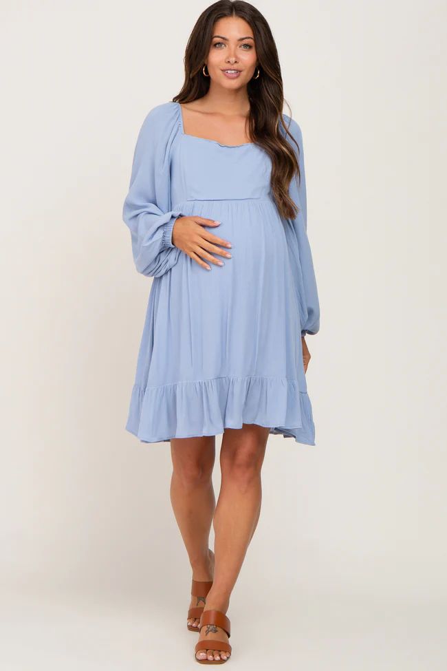 Light Blue Square Neck Puff Long Sleeve Maternity Dress | PinkBlush Maternity