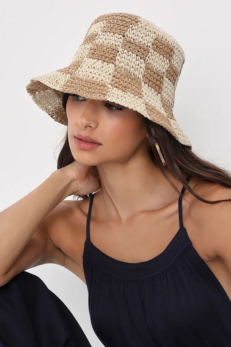 Sunshine Check Beige and Tan Checkered Straw Bucket Hat | Lulus