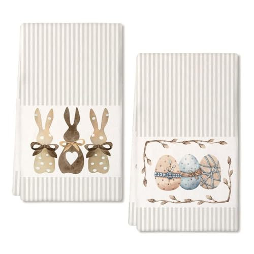 ARKENY Easter Kitchen Towels Beige Bunny Dish Cloths 18x26 Inch Ultra Absorbent Bar Drying Cloth Eggs Hand Towel for Kitchen Bathroom Party Easter Decorations Set of 2 | Amazon (US)