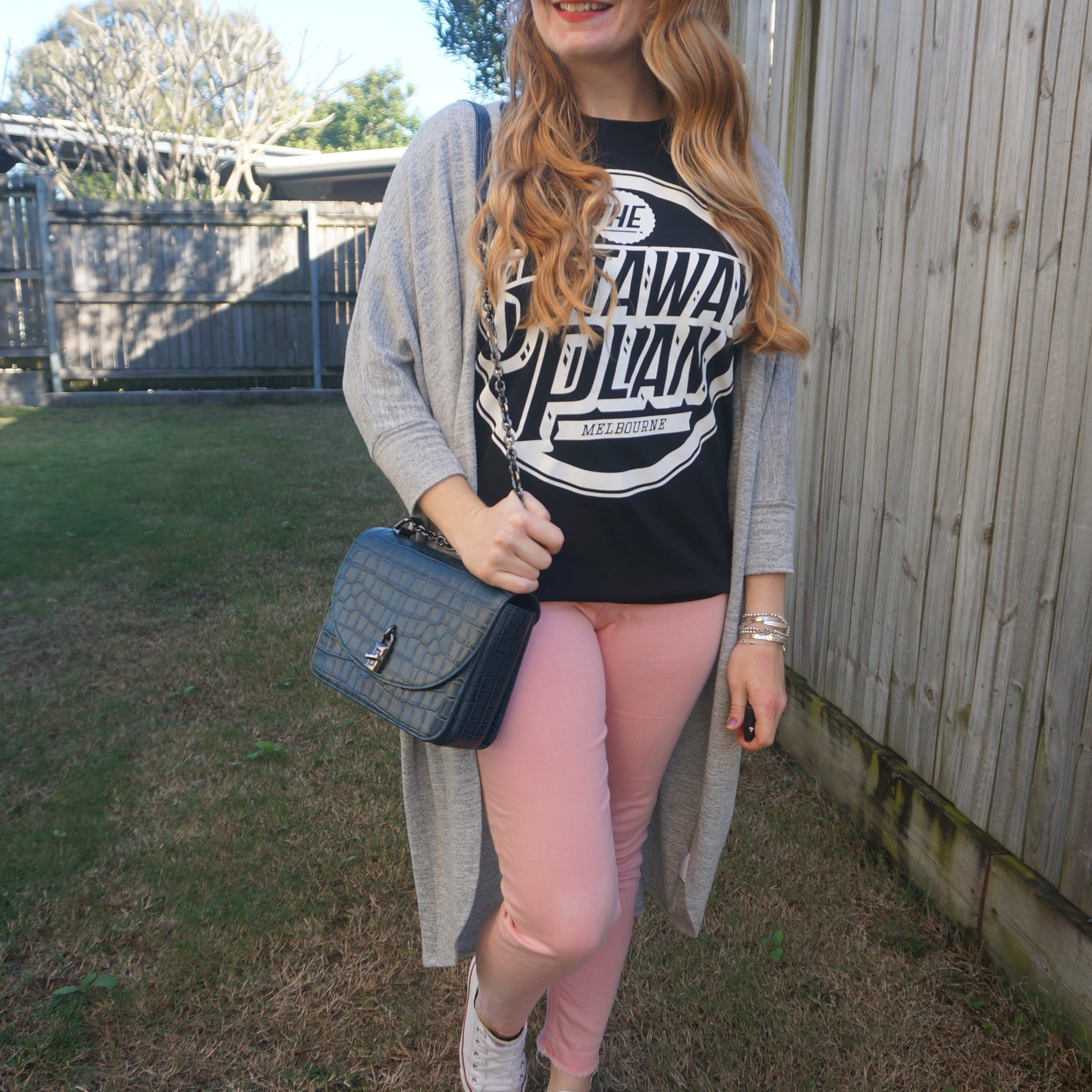 Grey cocoon cardigan with Gwtaway Plan band tee, pink jeans, Converse and Rebecca Minkoff Love Too bag 💙 💕

#LTKaustralia #LTKwinter #LTKbag