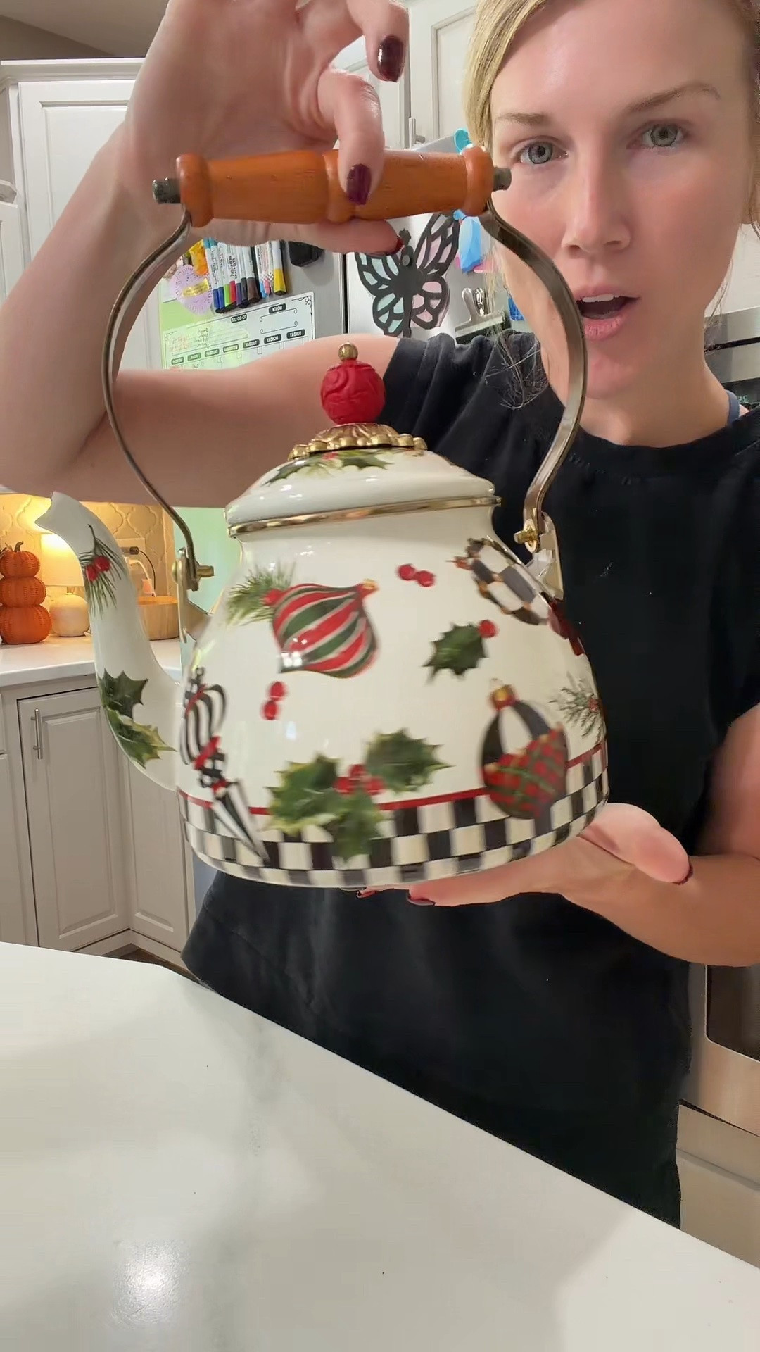 If you’re decorating every room for Christmas, don’t forget the kitchen. This Mackenzie-Childs tea kettle is one of those statement pieces that doubles as functional decor and instantly makes your stovetop feel festive. ❤️🎄☕ #christmaskitchen #mackenziechilds #christmasdecor #coffeebar #holidaydecor #kitchendecor #christmasfinds #luxurydecor #tiktokshopfinds #momfinds

#LTKSeasonal #LTKHome #LTKSaleAlert