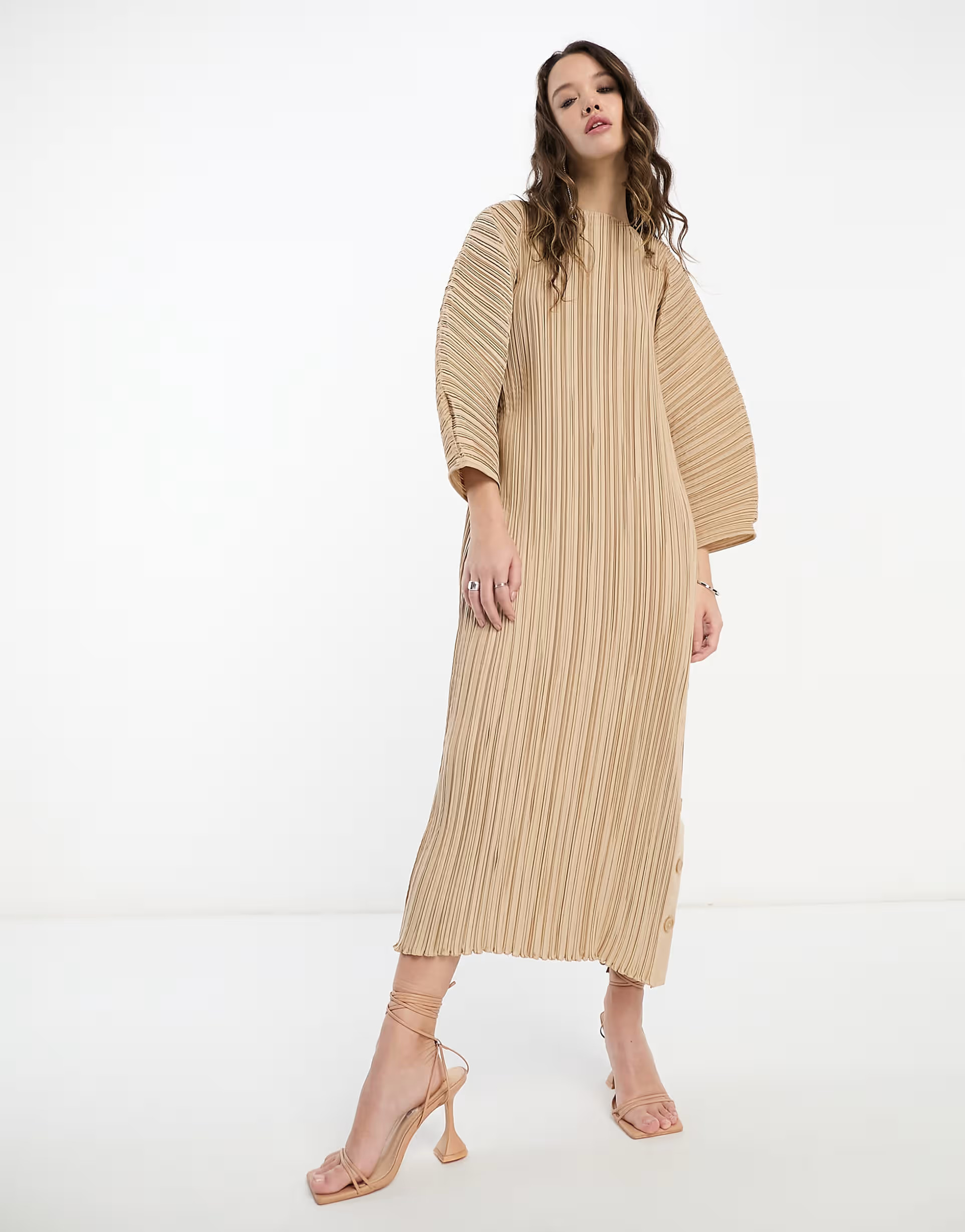 & & Other Stories plisse volume sleeve maxi dress in beige | ASOS (Global)