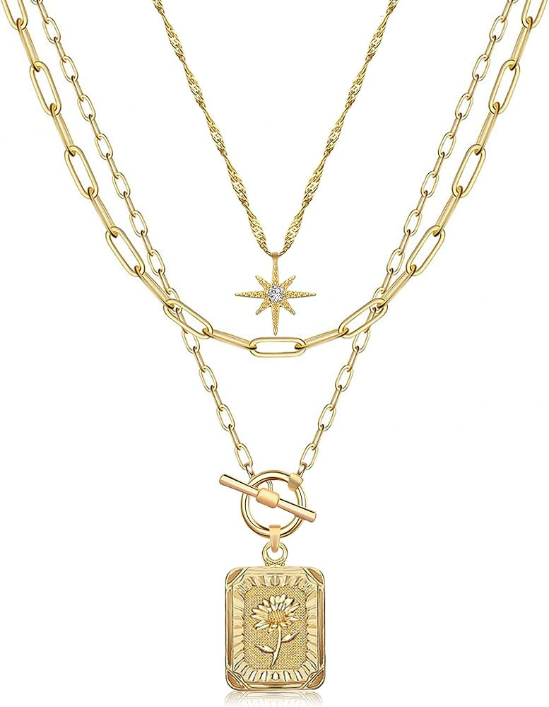 MJartoria Layered Necklaces for Women Trendy, 14K Gold Plated Brass Simple Star Choker Square Bir... | Amazon (US)