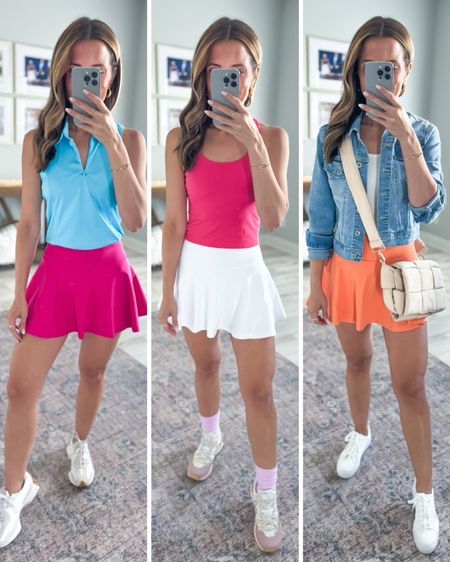 Look-for-less athletic Skirt in colors Rose, white, coral red in XXS. Hiking outfit. Summer outfit. Mom outfit. Tennis skirt. Golf outfit. Golf skirt. White sneakers are TTS. Veja Hiking shoes are whole sizes only - I’m a 6.5 and size up to a 7 based on reviews. Wearing XS in tops/jacket. 

#LTKActive #LTKShoeCrush #LTKFitness