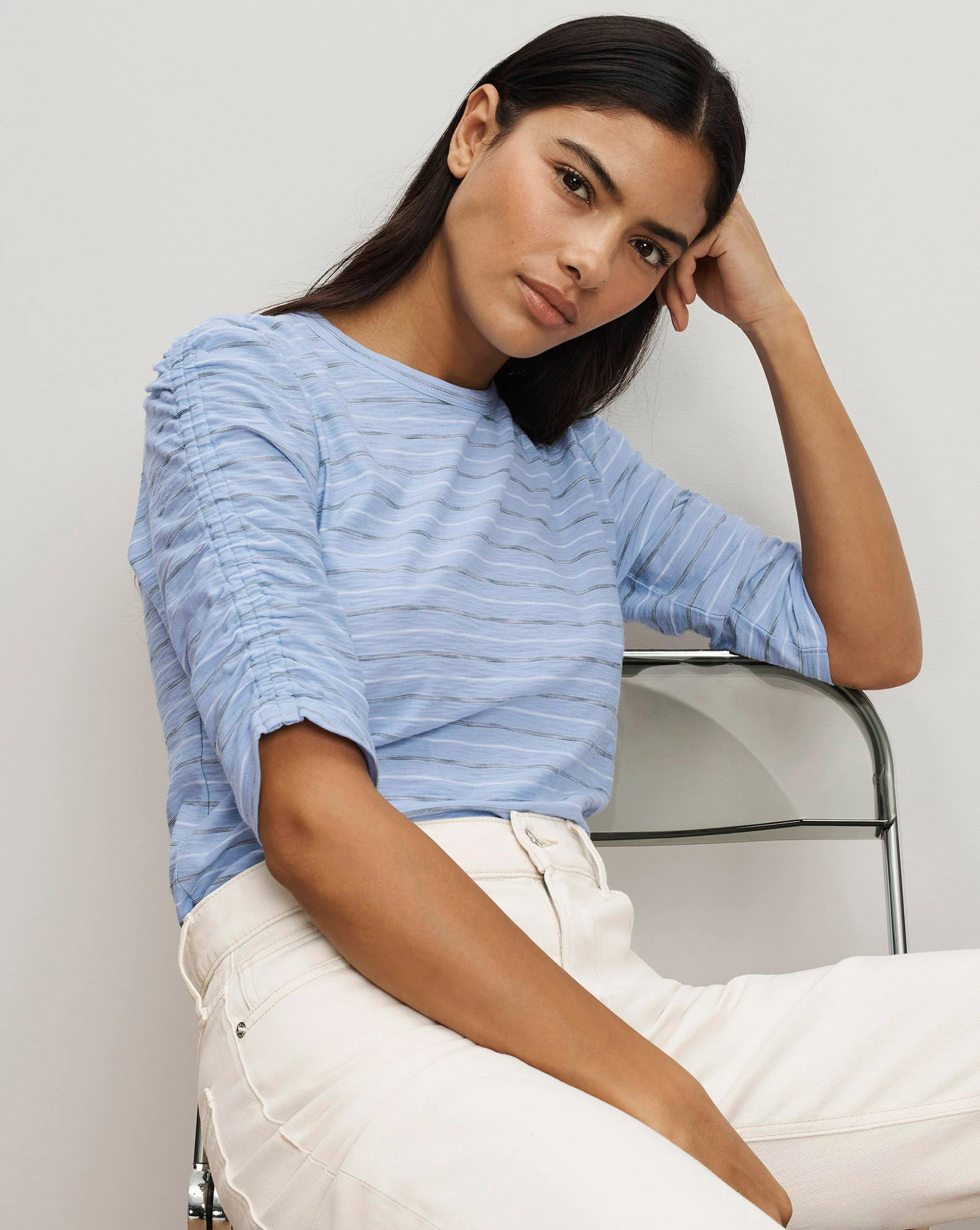 Veronica Beard Waldorf Ruched-Sleeve T-Shirt Ice Blue Multi | Veronica Beard