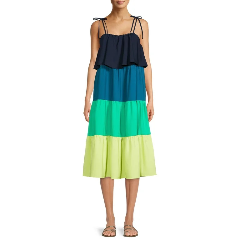 Time and Tru Women's Tie Shoulder Colorblock Midi Dress | Walmart (US)