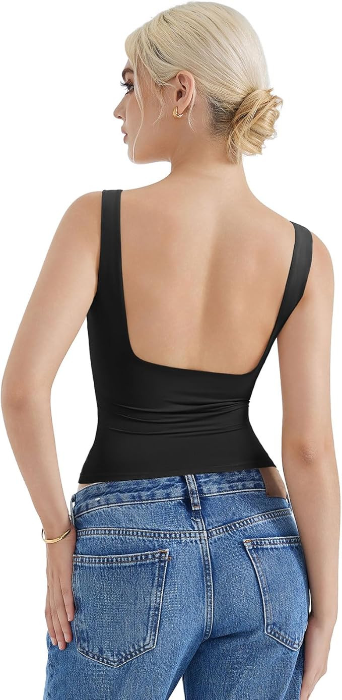 SUUKSESS Women Padded Open Back Boat Neck Tank Tops Double Lined Basic Shirts | Amazon (US)
