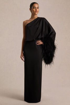 Felicity | Black Satin Asymmetric-Neck Maxi Dress With Feather Detailing | Club L London